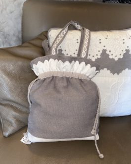 Sac ‘’cœur’’ style Shabby chic, gris et blanc monogramme SL