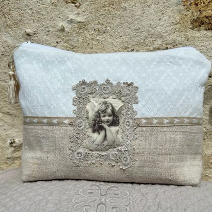 Trousse de toilette en chanvre et coton piqué ‘’Petit Ange’’